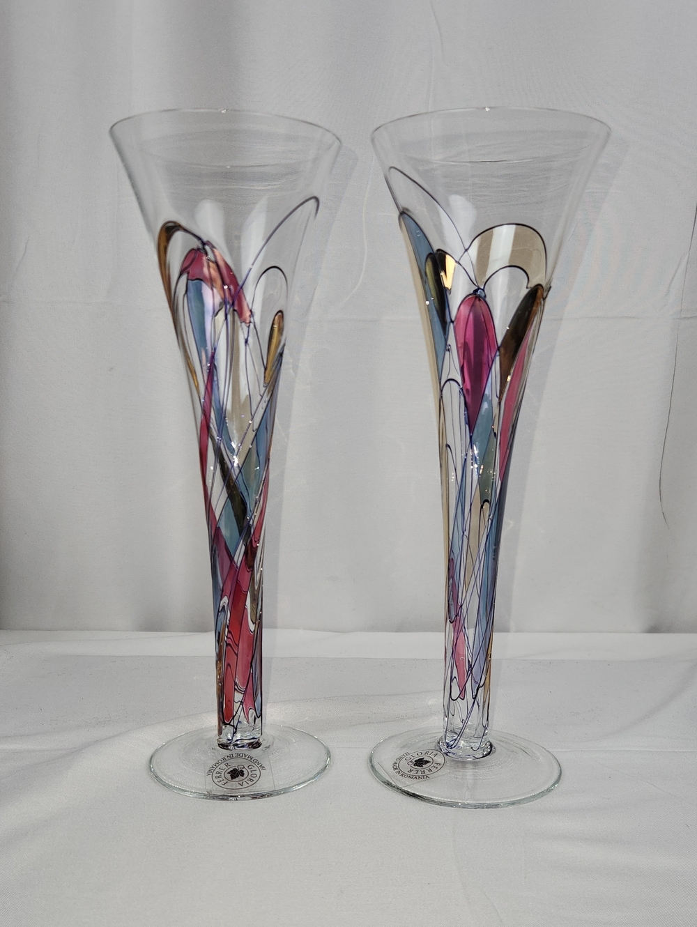 Pair of Romanian Decorative Hand-Blown Glass Trumpet Vases Pink & Blue Accents